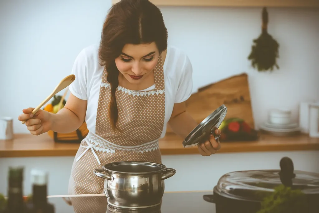 Young woman smiling while cooking at the stove, stirring a pot with a wooden spoon in a cozy kitchen setting