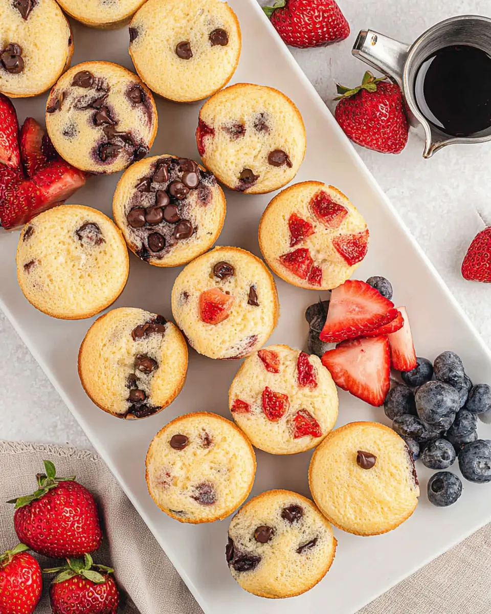 Assorted pancake mini muffins with chocolate chips, strawberries, and blueberries on a white plate with maple syrup and fresh fruit