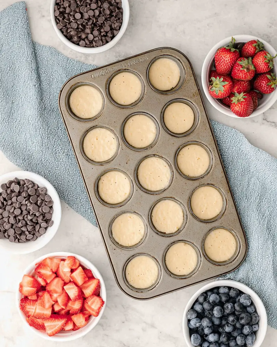 Mini muffin pan filled with pancake batter and bowls of strawberries, blueberries, and chocolate chips nearby