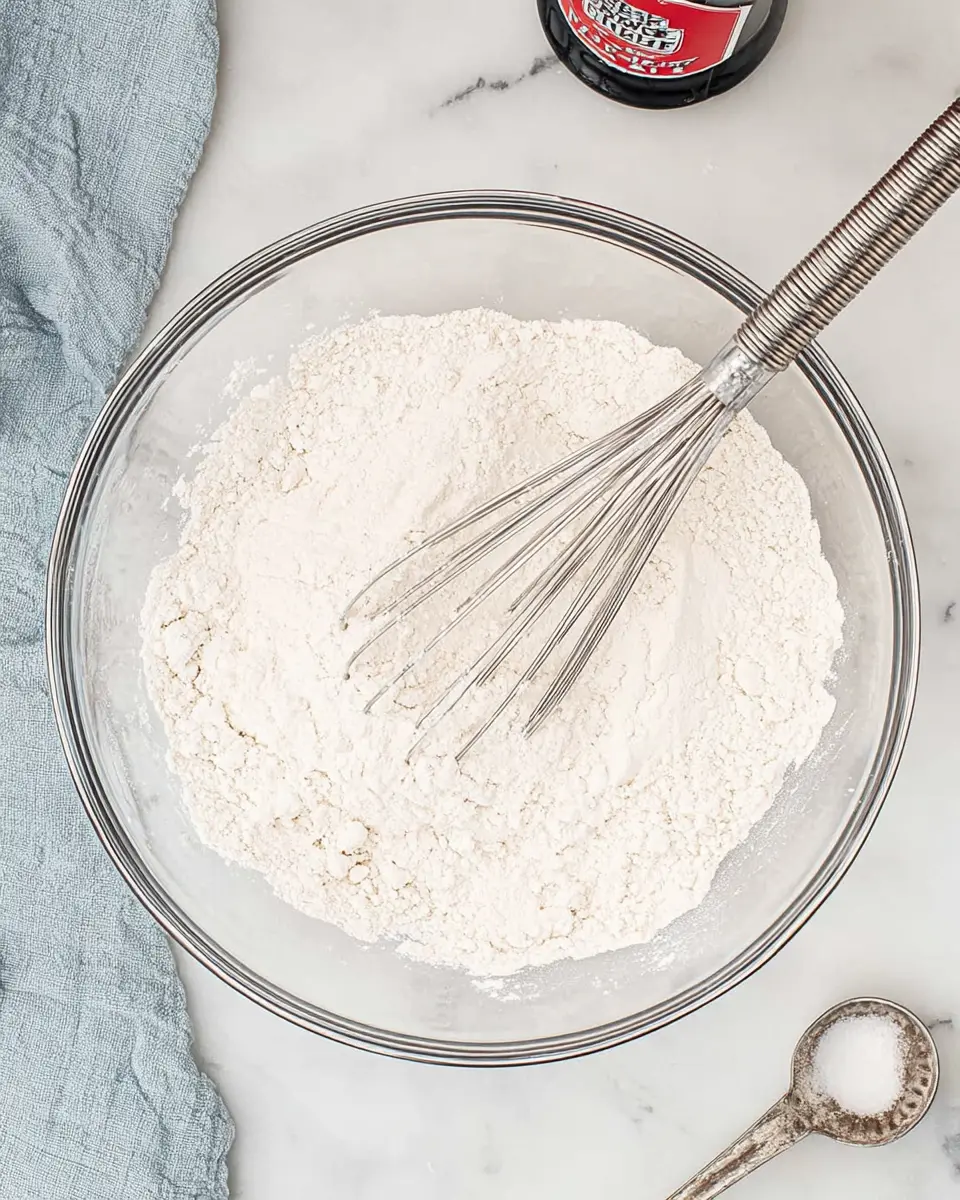 Glass mixing bowl with flour and a whisk for pancake mini muffin batter on a marble kitchen counter