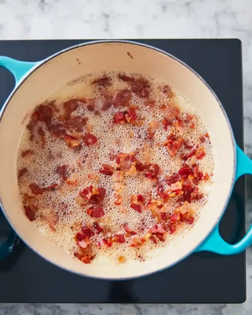 Absolutely Ultimate Potato Soup Recipe 2 Crispy bacon sizzling in Dutch oven for Absolutely Ultimate Potato Soup