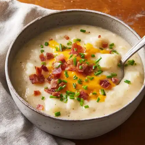 Absolutely Ultimate Potato Soup Recipe 8 Bowl of creamy Absolutely Ultimate Potato Soup with cheddar, bacon, and chives