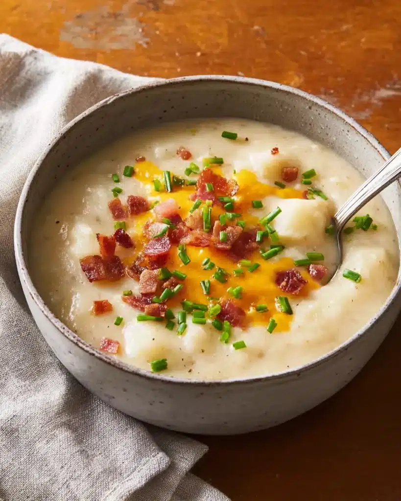 Absolutely Ultimate Potato Soup Recipe 1 Bowl of creamy Absolutely Ultimate Potato Soup with cheddar, bacon, and chives