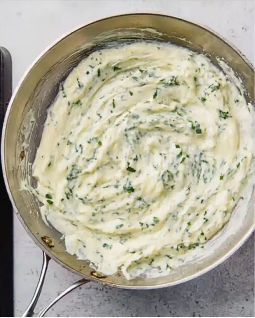 Absolutely Ultimate Potato Soup Recipe 5 Creamy herb mixture in skillet for Absolutely Ultimate Potato Soup