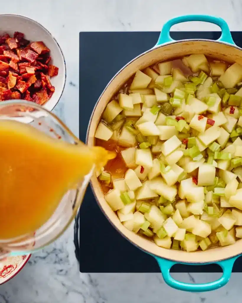 Absolutely Ultimate Potato Soup Recipe 4 Pouring chicken stock over potatoes and celery in Dutch oven for Absolutely Ultimate Potato Soup