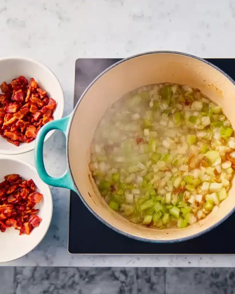 Absolutely Ultimate Potato Soup Recipe 3 Onions and celery sautéing in Dutch oven with crispy bacon on the side for Absolutely Ultimate Potato Soup