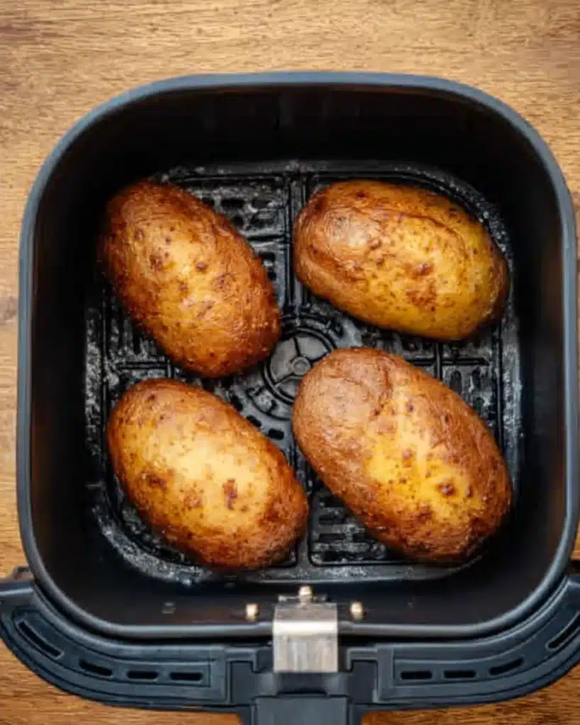Golden crispy baked potatoes cooking in air fryer basket