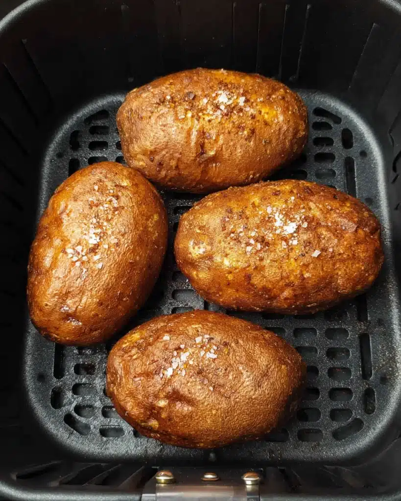 Crispy salted baked potatoes in air fryer basket