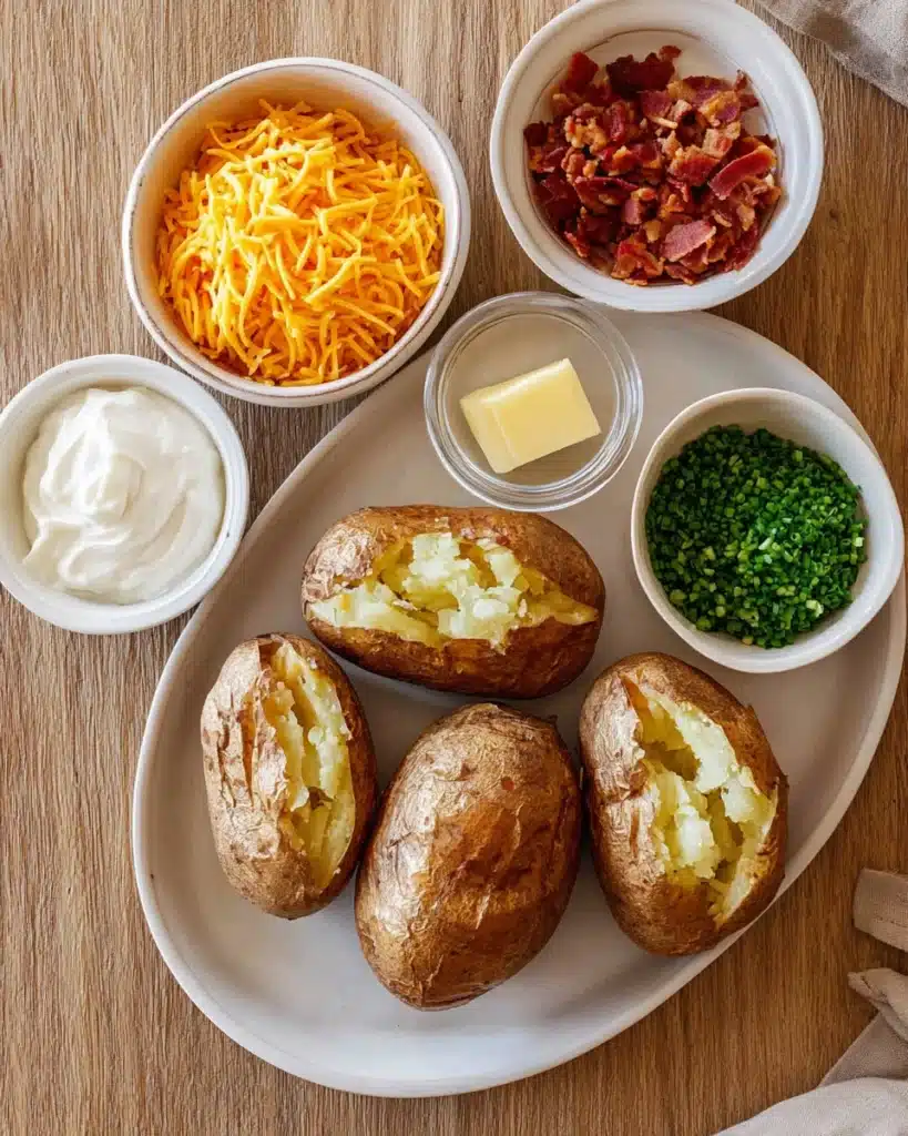 Air fryer baked potatoes with cheese, bacon, chives, butter, and sour cream toppings