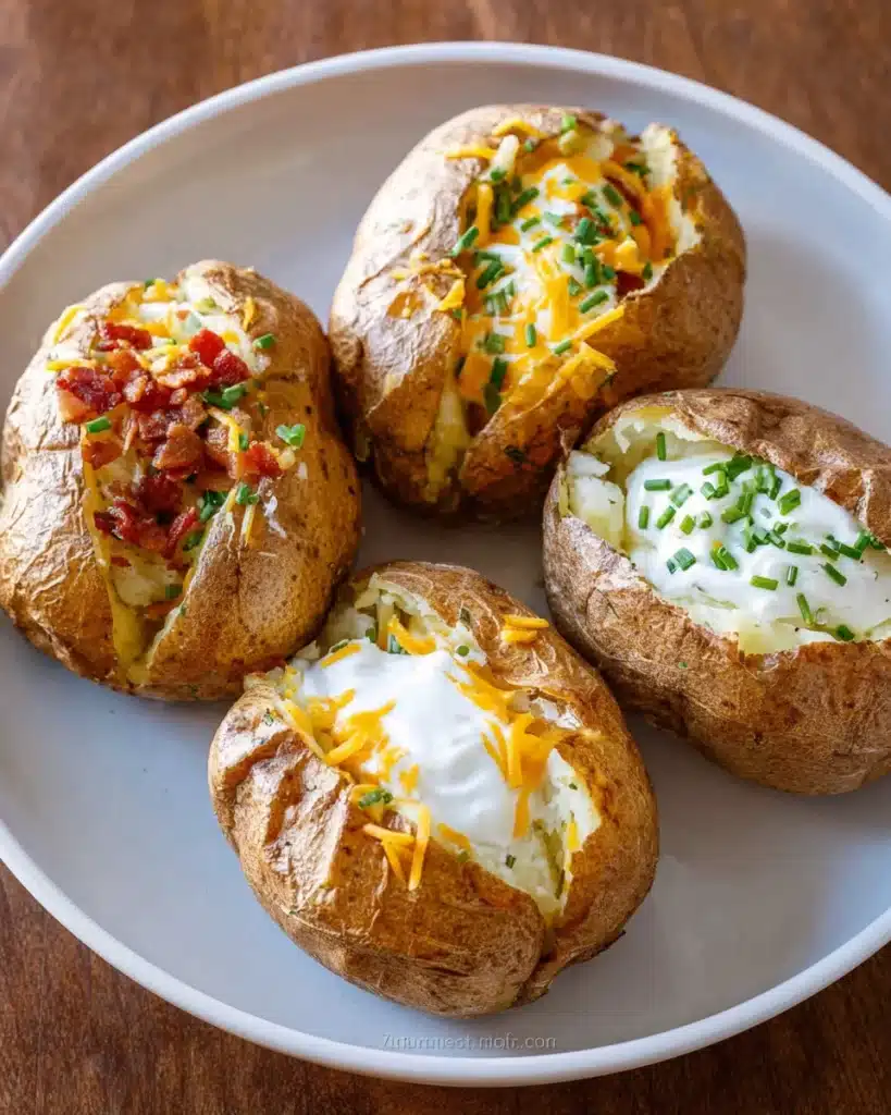 Air fryer baked potatoes served with cheese, bacon, sour cream, and chives