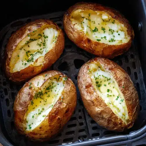 Air fryer baked potatoes with crispy skin, butter, and chives