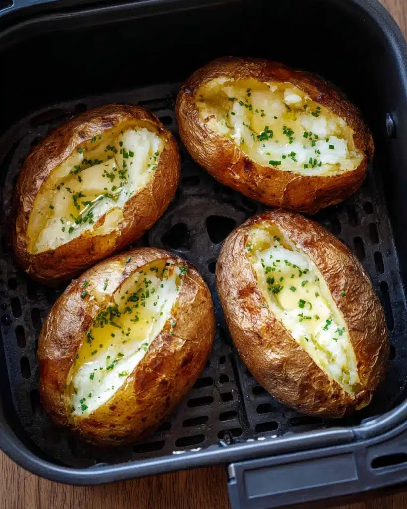 Air fryer baked potatoes with crispy skin, butter, and chives