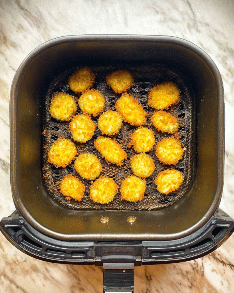 Air Fryer Fried Pickles 5 Golden crispy pickles cooking in air fryer basket
