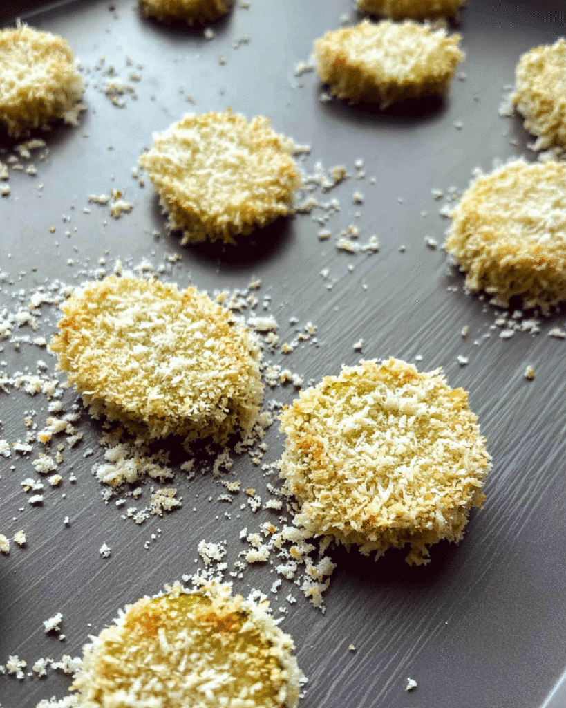 Air Fryer Fried Pickles 4 Breaded pickle slices coated in panko ready for air fryer fried pickles