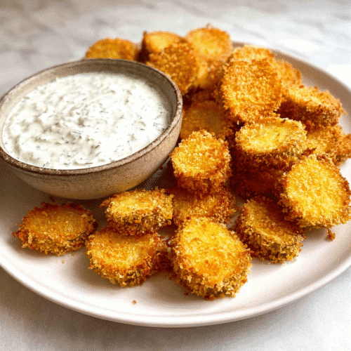 Air Fryer Fried Pickles 6 Crispy air fryer fried pickles with creamy dipping sauce on a plate