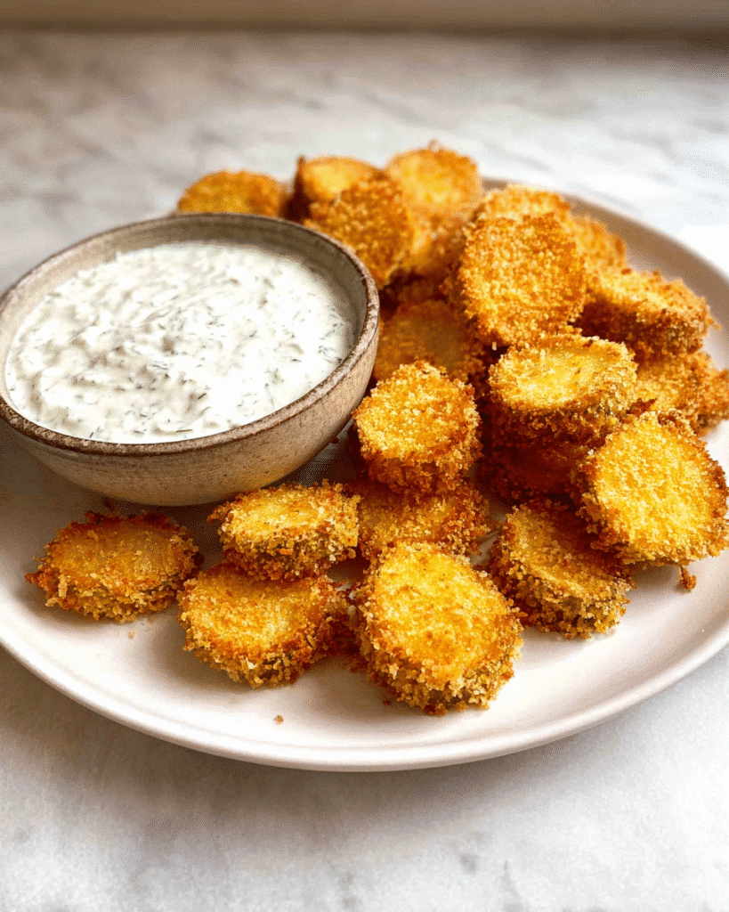 Air Fryer Fried Pickles 1 Crispy air fryer fried pickles with creamy dipping sauce on a plate