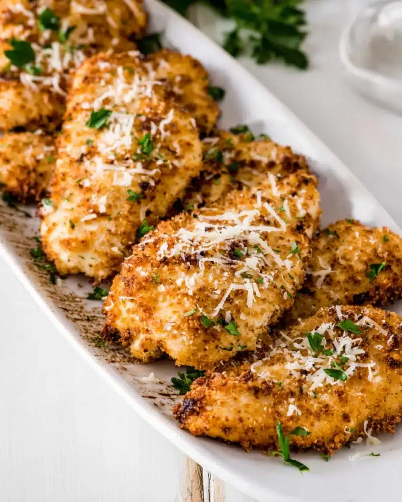 Air Fryer Parmesan Crusted Chicken 5 Platter of crispy air fryer parmesan-crusted chicken with parsley and cheese