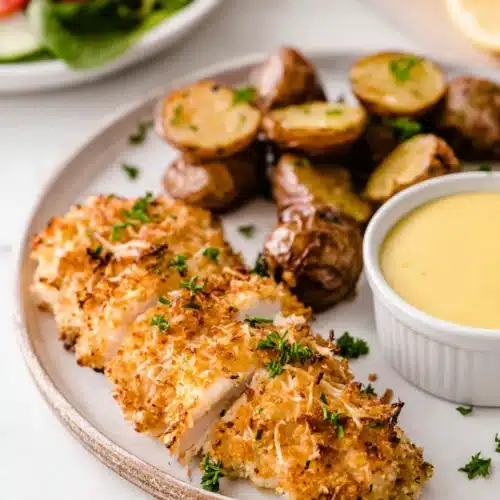 Air Fryer Parmesan Crusted Chicken 6 Crispy air fryer parmesan-crusted chicken with roasted potatoes and dipping sauce