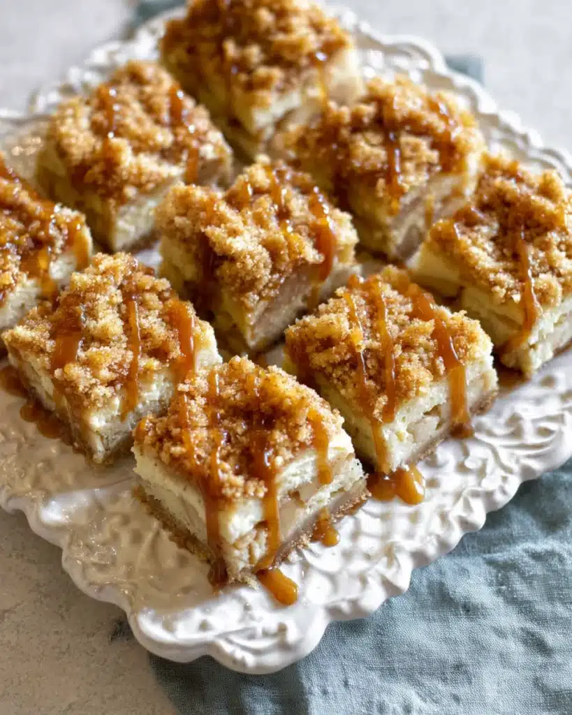 Apple Cheesecake Bars (Perfect for Thanksgiving) 9 Apple Cheesecake Bars with streusel and caramel drizzle on serving platter