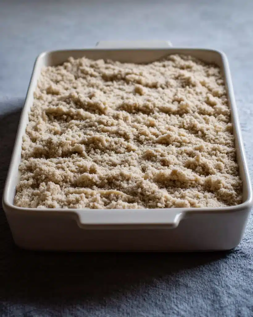 Apple Cheesecake Bars (Perfect for Thanksgiving) 7 Unbaked Apple Cheesecake Bars topped with streusel in baking dish
