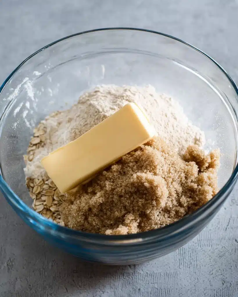 Apple Cheesecake Bars (Perfect for Thanksgiving) 6 Butter, oats, and brown sugar for streusel topping in Apple Cheesecake Bars