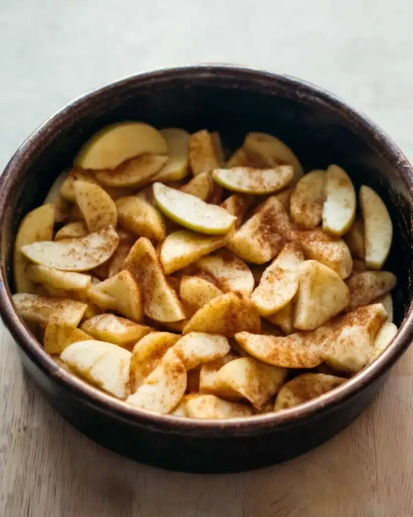 Easy Apple Cobbler Recipe (Perfect for Thanksgiving) 2 Apple cobbler filling with sliced apples coated in cinnamon sugar