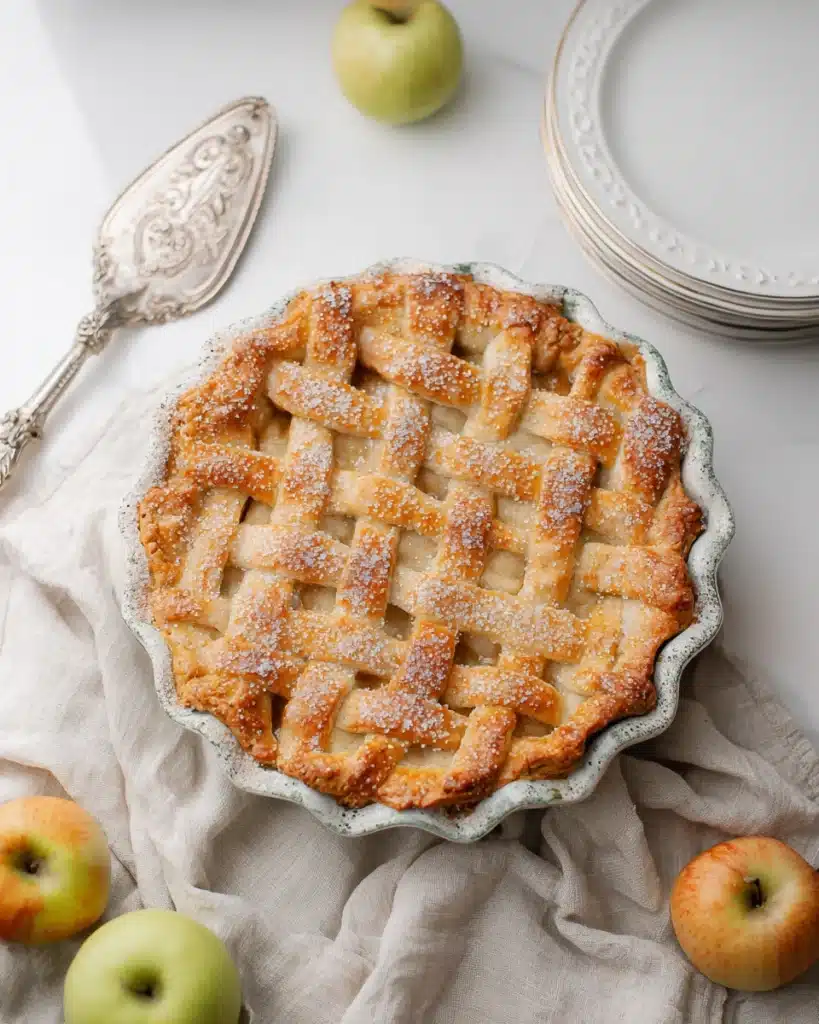 Golden lattice apple pie with sugar crust on gingham cloth