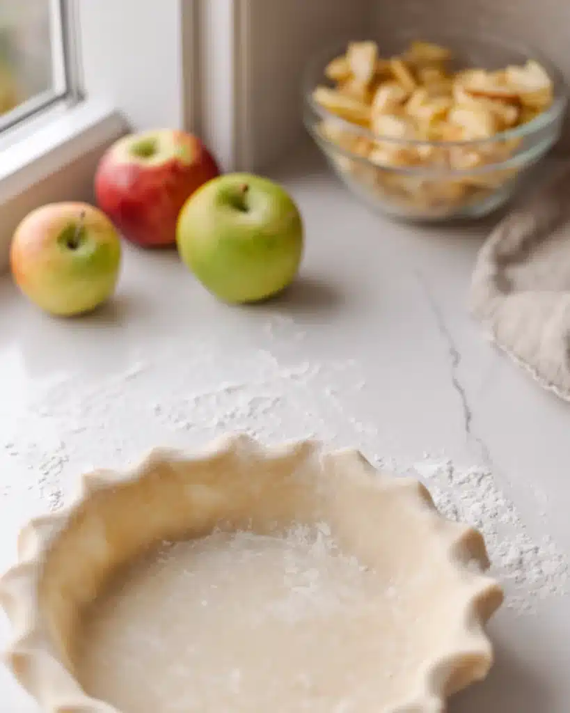 Unbaked apple pie crust in dish with fresh apples and filling