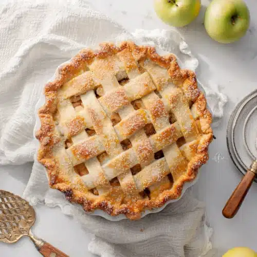 Golden lattice apple pie with sugar topping and fresh apples on white table