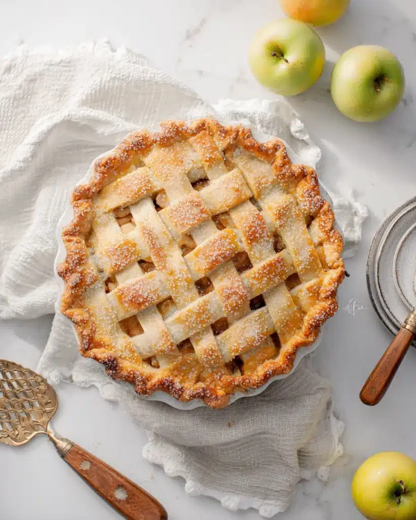 Golden lattice apple pie with sugar topping and fresh apples on white table