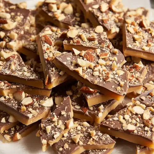 Best Toffee Ever – Easy Homemade Christmas Recipe 6 Broken pieces of best toffee ever with chocolate and chopped nuts