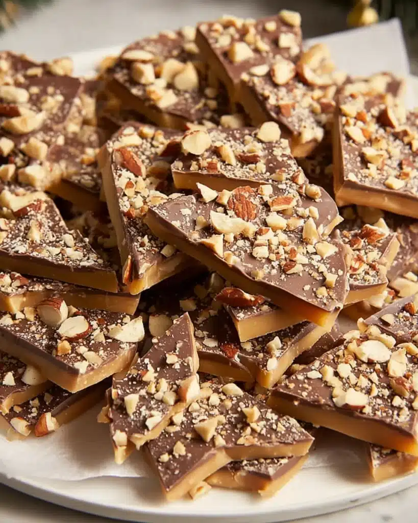 Best Toffee Ever – Easy Homemade Christmas Recipe 1 Broken pieces of best toffee ever with chocolate and chopped nuts