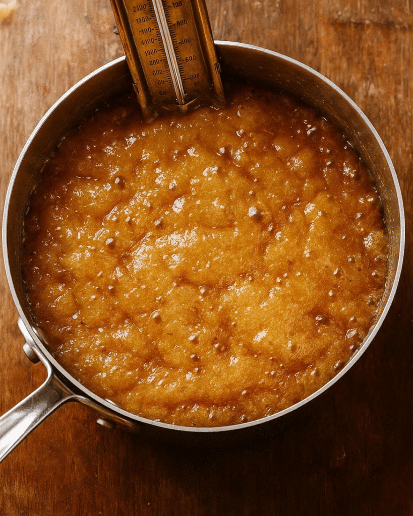 Best Toffee Ever – Easy Homemade Christmas Recipe 3 Bubbling amber toffee mixture with candy thermometer in saucepan