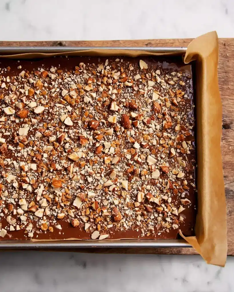 Best Toffee Ever – Easy Homemade Christmas Recipe 5 Toffee topped with melted chocolate and chopped nuts in baking sheet