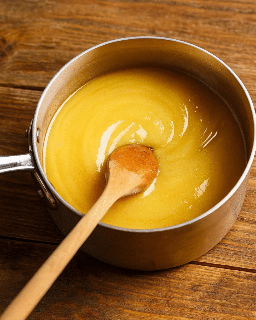 Best Toffee Ever – Easy Homemade Christmas Recipe 4 Glossy butter and sugar mixture in saucepan for best toffee ever recipe