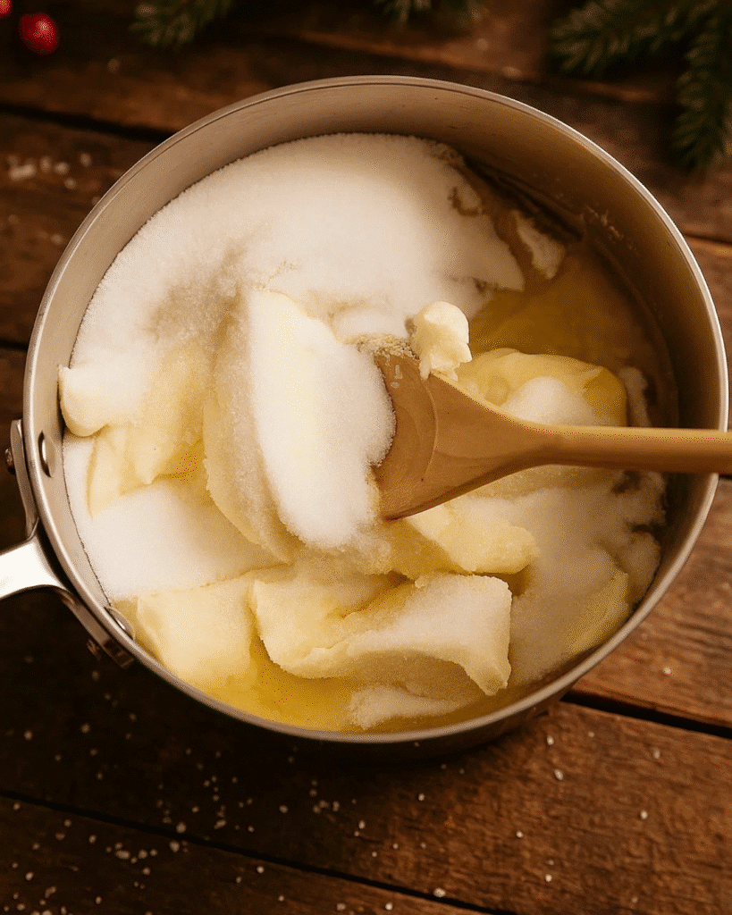 Best Toffee Ever – Easy Homemade Christmas Recipe 2 Butter and sugar in saucepan with wooden spoon for best toffee ever recipe