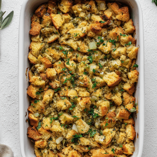 Golden buttery herb stuffing in a white baking dish with crispy bread cubes and herbs