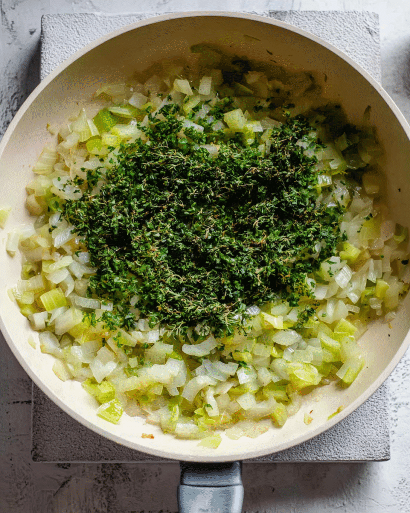 Sautéed onions and celery with fresh herbs for buttery herb stuffing