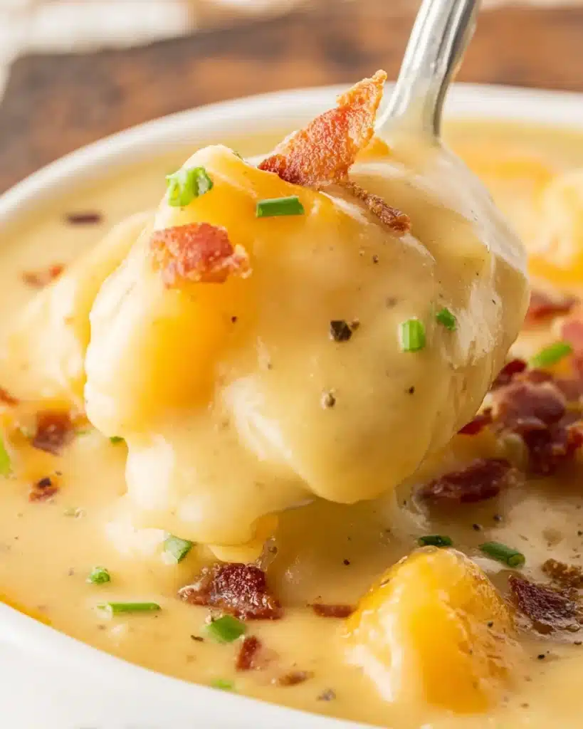 Spoonful of cheddar cheese potato soup with bacon and chives