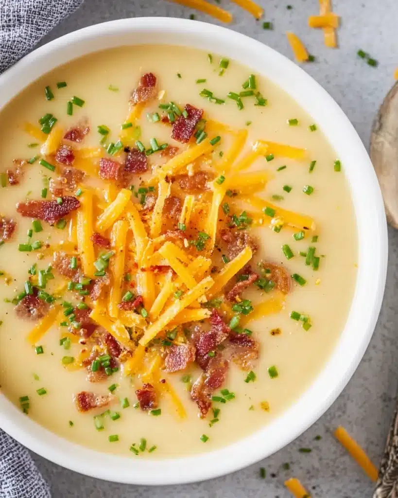 Creamy cheddar cheese potato soup topped with bacon, cheddar, and chives