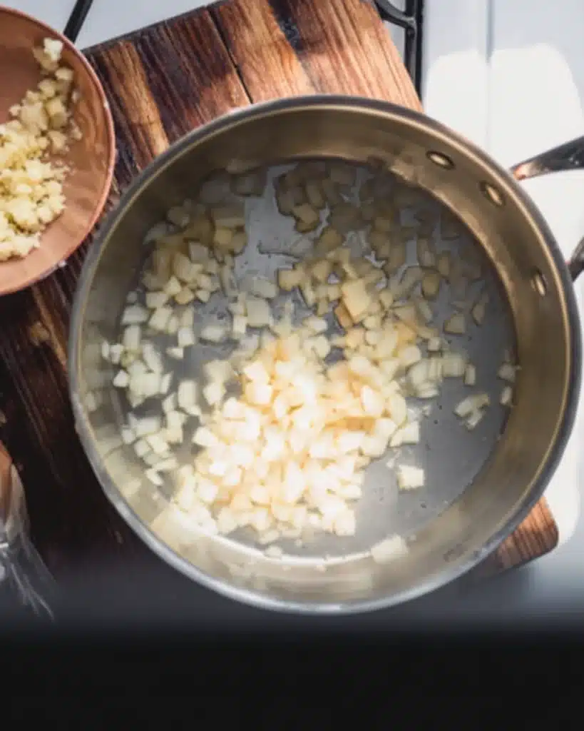 Sautéing onions with minced garlic in a stainless steel pot