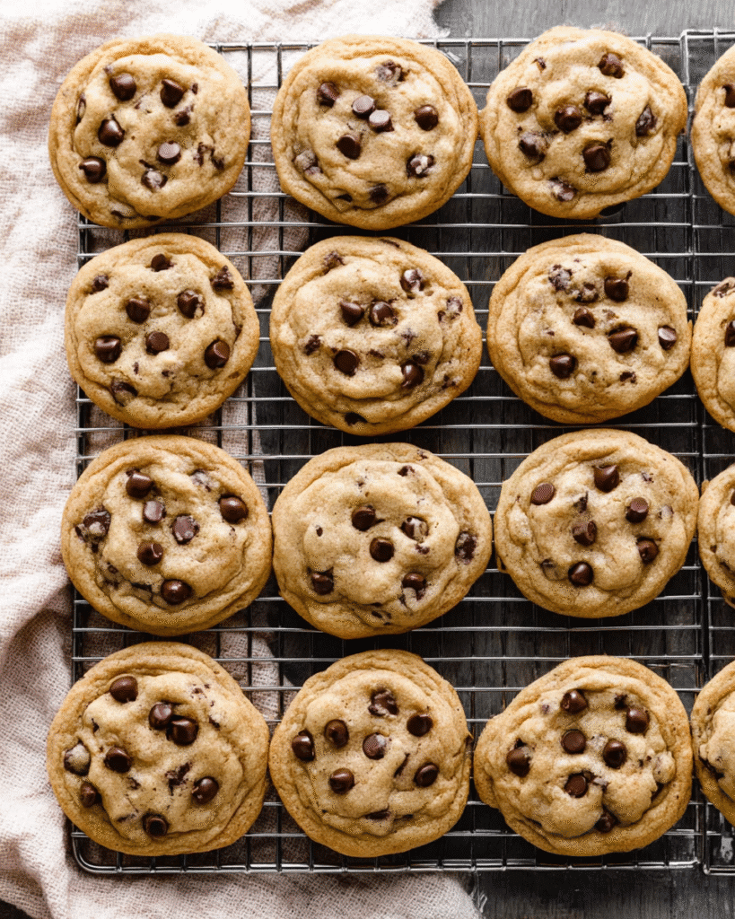 Chewy Chocolate Chip Cookies 5 Freshly baked chewy chocolate chip cookies cooling on a rack
