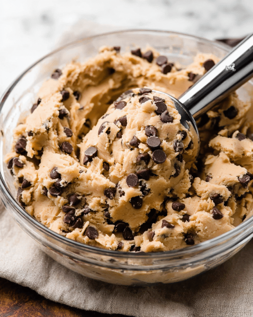 Chewy Chocolate Chip Cookies 3 Scooping chewy chocolate chip cookie dough with a metal scoop