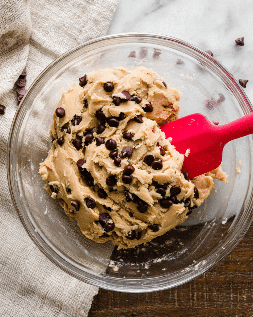 Chewy Chocolate Chip Cookies 2 Chocolate chip cookie dough in a glass bowl with red spatula