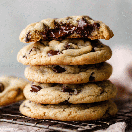 Chewy Chocolate Chip Cookies 6 Stack of chewy chocolate chip cookies with gooey melted chocolate