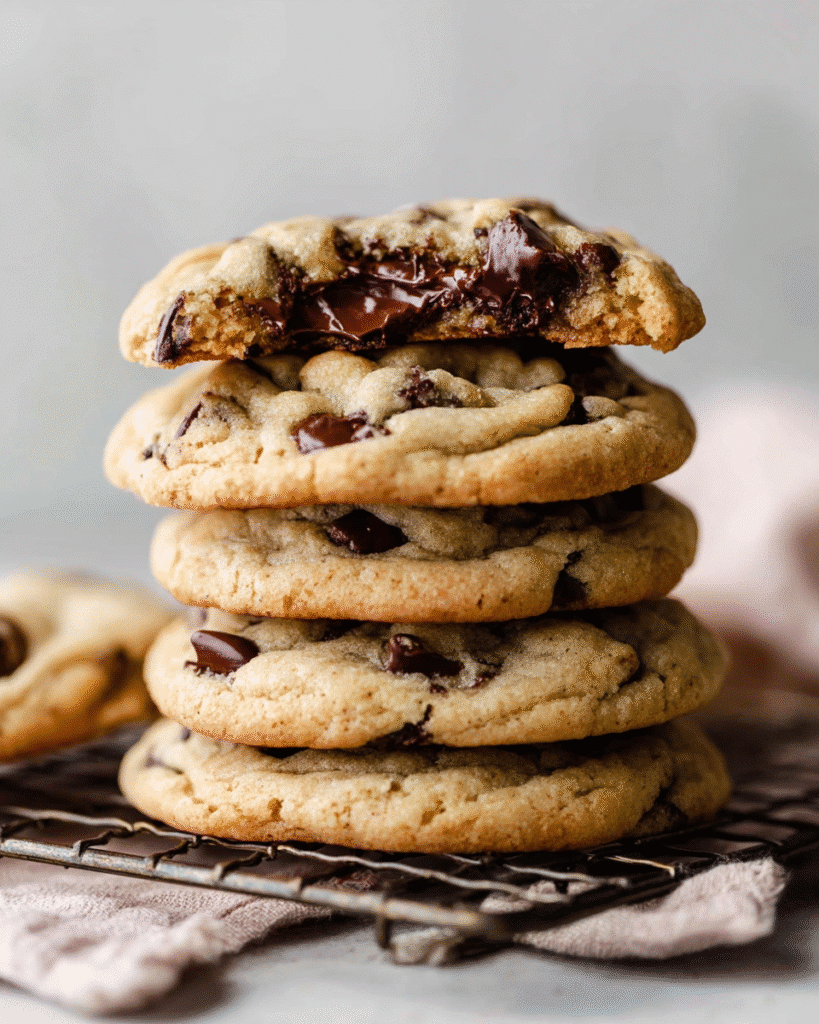 Chewy Chocolate Chip Cookies 1 Stack of chewy chocolate chip cookies with gooey melted chocolate