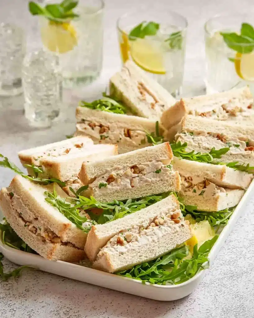 Platter of creamy chicken sandwiches with arugula and walnuts