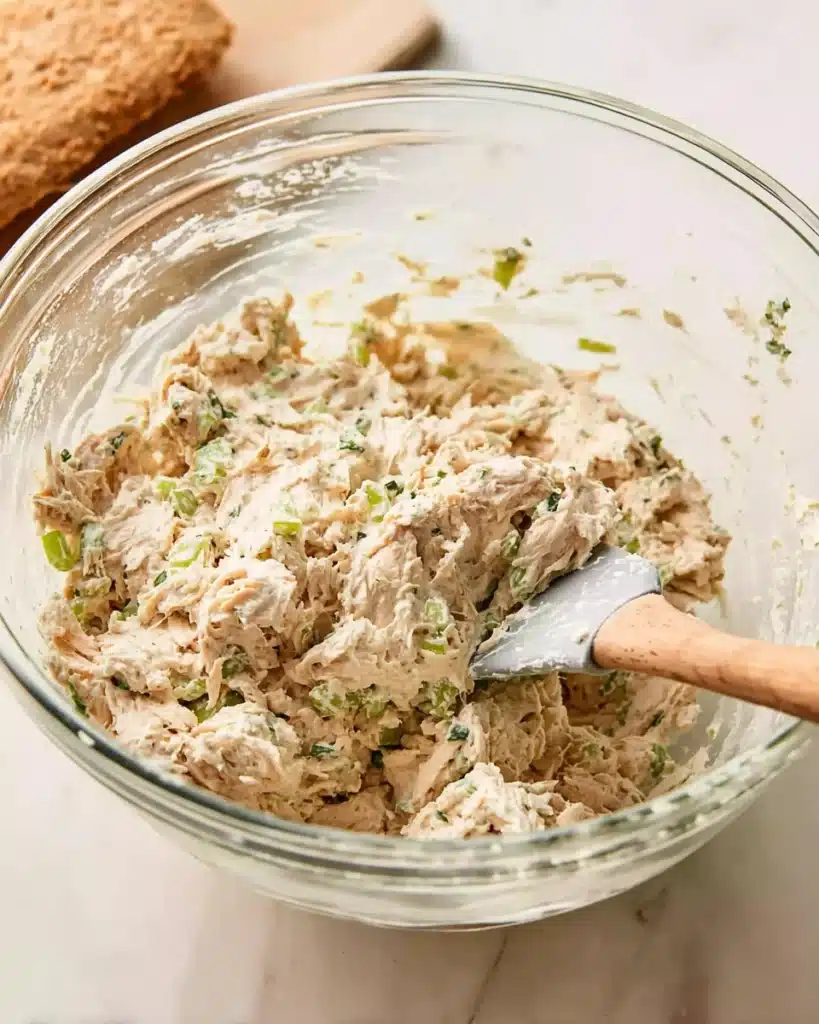 Creamy chicken sandwich filling mixed with celery and dill