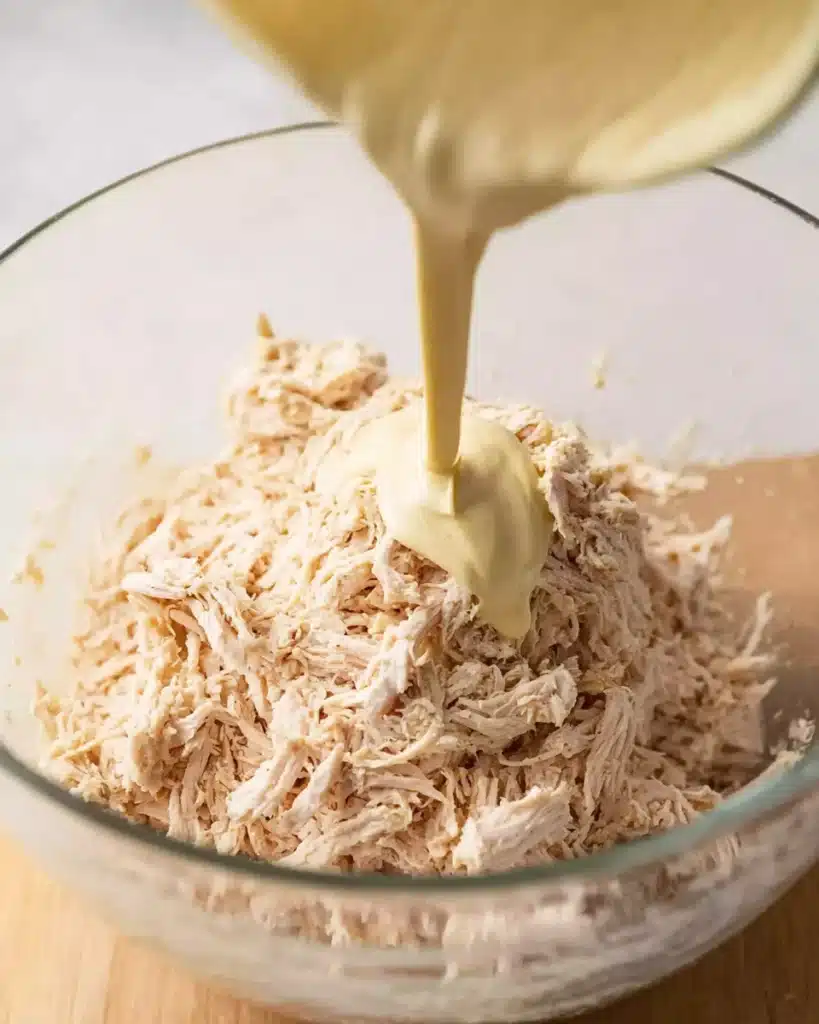 Pouring creamy sauce over shredded chicken in glass bowl