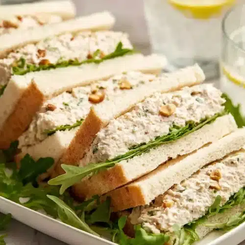 Chicken sandwiches on white platter with arugula and creamy filling